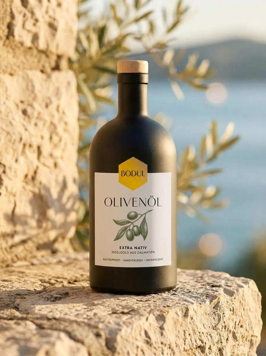 Tonflasche Olivenöl auf Kalksteinblock im Sonnenlicht
