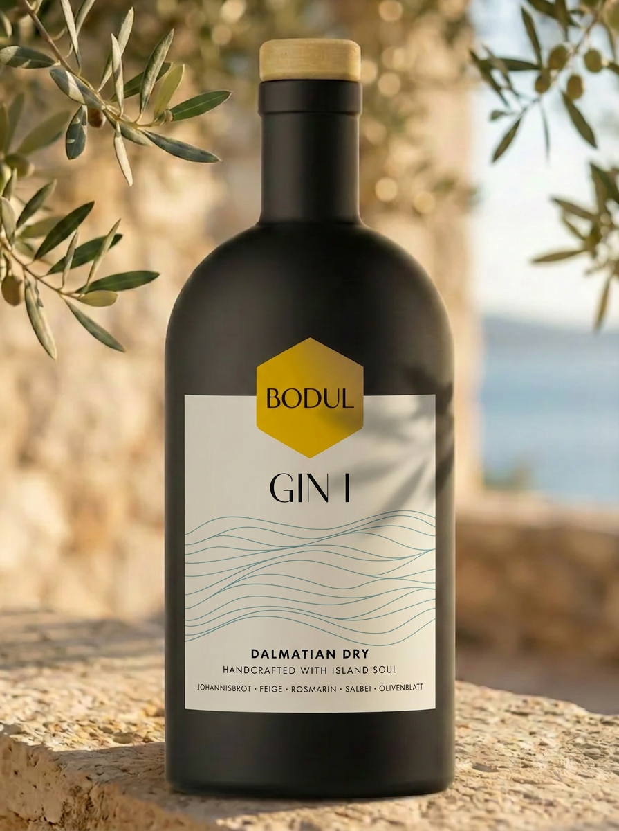 Bodul Gin I in schmaler Flasche umgeben von wilden Kräutern
